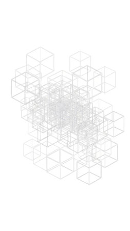 An abstract illustration shows interconnected cube outlines against a clean white backdrop. The composition features a complex network of geometric shapes, rendered in a grayscale palette, with variations in transparency and layering. Suitable for digital design projects, this image could be employed to represent conceptual ideas or visual elements.の素材
