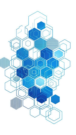 An illustration depicts a network of blue and light blue hexagonal shapes. The composition features an abstract design with geometric patterns against a white background. This image utilizes lines and varying shades, presenting a modern, minimalist style suitable for diverse applications. It could be used in design projects or technical illustrations.の素材