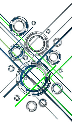 An abstract composition features circular shapes and intersecting diagonal lines in various colors. The design employs a clean, vector style with a bright white background, creating a modern, minimalist aesthetic. Suitable for illustrations, graphic design projects, and diverse commercial applications.の素材