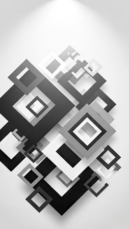 This abstract image features a composition of overlapping squares in varying sizes and shades of gray and white, creating a three-dimensional effect. The clean lines and minimalist design suggest a modern aesthetic, enhanced by directional lighting. This graphic could be useful for various commercial and editorial applications.の素材