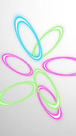 An abstract illustration showcases a floral arrangement composed of overlapping neon ovals. The design features a gradient background, and the glowing elements create a sense of depth and movement. Ideal for various commercial uses, this image offers a modern and visually engaging aesthetic suitable for design or marketing applications.の素材
