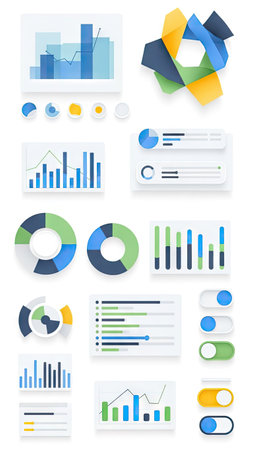 This image features a collection of colorful data visualizations, including bar graphs, pie charts, and abstract shapes. The design utilizes a modern, minimalist style with clean lines and a soft color palette. These elements are suitable for illustrating concepts of data analysis, finance, or business presentations. They can be used for various commercial or editorial applications.の素材