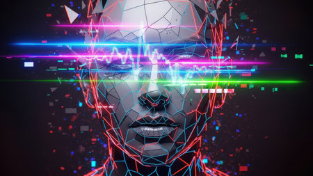 An abstract artwork portrays a human head constructed from interconnected geometric shapes. The piece features a dark background with vibrant lines and digital elements that suggest data streams. The composition utilizes a low-poly aesthetic, with the subject rendered in shades of gray, and highlights are created with various colors suggesting artificial intelligence. This image can be used for technology or digital design concepts.の素材