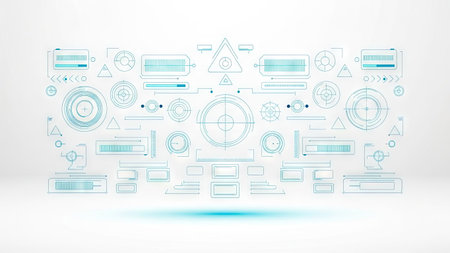This graphic presents a complex user interface design with various digital elements. The composition features numerous shapes, lines, and data representations in a predominantly light blue color. The illustration, created with a vector style, has a bright, clean design suitable for technology concepts and digital projects.の素材