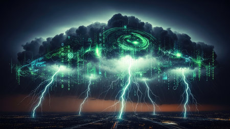 An abstract digital illustration showcases a stylized cloud formation illuminated by bright green lightning bolts. The image features a dark color palette, with glowing green graphical elements superimposed over the cloud. The artwork suggests concepts of technology, data, or digital processes, suitable for various commercial uses.の素材