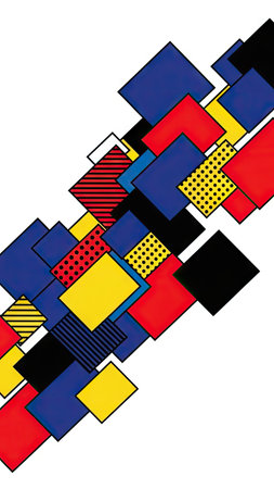 An artistic arrangement of colorful geometric shapes dominates the image, featuring an overlay of squares in red, blue, black, and yellow. Some squares showcase textures. The artwork appears isolated against a white backdrop, employing a flat, graphic style, suitable for various design applications. This imagery can be useful for digital media and creative projects.の素材