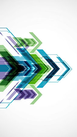 An abstract composition showcases a series of colorful arrows, primarily green, blue, and purple, layered against a white background. The image exhibits a clean, modern aesthetic with a vector style. It could be suitable for various design applications, potentially for business presentations or website elements. The overall ambiance is clean and dynamic.の素材