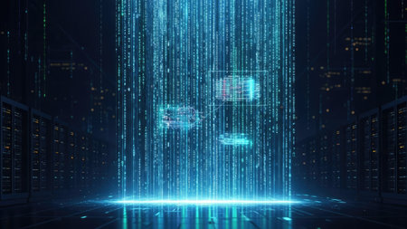 A digital data stream cascades downward, illuminating a server room. This abstract composition features shades of blue with glowing lines, suggesting information technology. The image presents a futuristic atmosphere, suitable for illustrating concepts of data transfer and digital processes. It can be used for various commercial or editorial applications.の素材