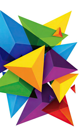 This image features an abstract design composed of numerous overlapping polygonal shapes in a vibrant array of colors. The composition is dynamic, with sharp angles and varying sizes creating a sense of depth and movement. Ideal for use in design, marketing materials, or editorial content.の素材