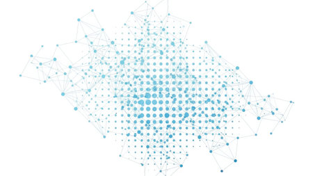 This graphic presents a network of interconnected blue dots and lines on a white backdrop. The composition features a modern, clean aesthetic with a focus on geometric forms. Suitable for illustrating concepts related to technology, connectivity, and communication. It can be used for various commercial projects.の素材
