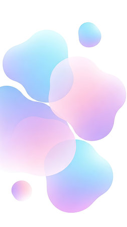 This image features several abstract fluid shapes, rendered in soft pastel colors such as blue, pink, and purple. The composition is set against a clean white background. These floating forms could be suitable for various design projects, including digital art and advertising, and can be used to convey a sense of calm and creativity.の素材