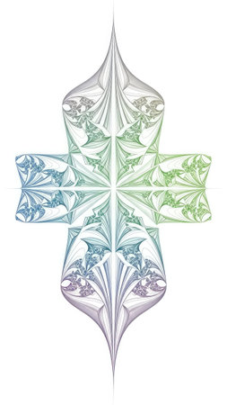 An abstract fractal image presents a complex geometric pattern. The artwork features soft gradients of blue, green, and gray. Delicate lines create intricate shapes against a white backdrop, appearing like a stylized object. The image is suitable for various design projects and illustrative uses.の素材