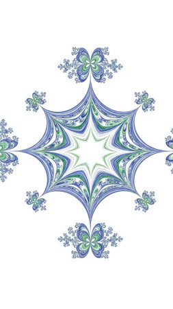 An abstract design features symmetrical patterns in shades of blue and green. The artwork exhibits a detailed, geometric composition with a central focus, contrasted against a clean white background. This design might be suitable for various commercial purposes, including graphic design and digital media projects.の素材
