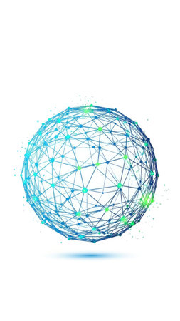 A digital representation depicts a network globe floating against a white backdrop. The structure is rendered in shades of blue and green, featuring connecting lines and nodes. This graphic is suitable for illustrating concepts of technology, connectivity, or global communication and can be used for various commercial or editorial applications.の素材