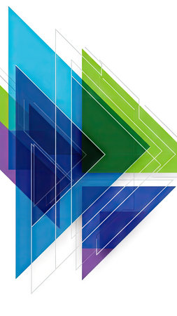 This image presents a vibrant abstract design featuring overlapping triangles in various shades of blue, green, and purple. The composition is clean and modern, with a white background providing ample copy space. This vector illustration is suitable for diverse commercial and editorial applications, offering a dynamic visual element.の素材
