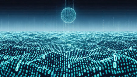 An abstract visualization depicts a digital sphere connected to a flowing data stream. The scene features a blue color palette with light effects, suggesting technology. This image could be used for conceptual illustrations related to digital transformation, communication networks, or future technology. Ideal for various commercial and editorial applications.の素材