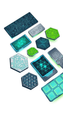 This image presents a collection of abstract digital circuit boards in various shapes and sizes, against a clean white backdrop. The composition features vibrant teal and green hues, suggesting a tech-focused theme. Ideal for commercial applications related to technology, innovation, and digital concepts, the design offers a clean, modern aesthetic.の素材