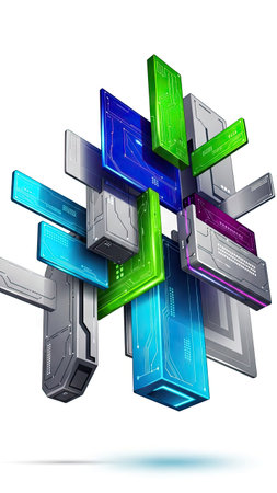 An abstract composition features overlapping rectangular blocks in various colors including blue green and purple. The design showcases sharp edges and metallic textures suggesting a technological or futuristic theme. The composition is set against a white background with dramatic overhead lighting. Suitable for digital design and illustrative projects.の素材