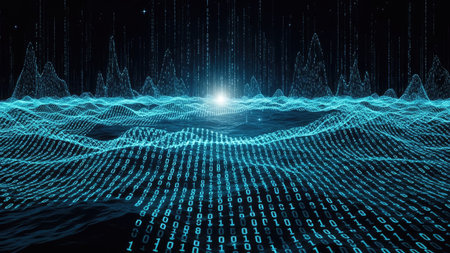 An abstract digital landscape is rendered with undulating surfaces and binary code. The scene features a central point of bright light, with blue and black tones dominating the composition. This graphic could be utilized for technology presentations, data analysis, or illustrating concepts related to the digital world.の素材