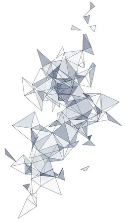 This abstract illustration presents a complex network of interconnected triangles and lines, rendered in shades of gray. The composition is set against a clean white backdrop, emphasizing the three-dimensional structure and digital aesthetic. Suitable for various applications, it can be used for design projects, technology presentations, or conceptual visuals.の素材