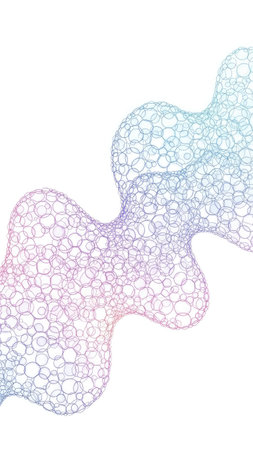 An abstract digital artwork presents a flowing, organic shape. The form appears constructed of interconnected cells, exhibiting a gradient of soft pastel colors. The composition is set against a clean white backdrop, creating a sense of visual simplicity. This image could be suitable for various design projects and digital art applications.の素材