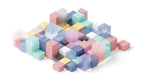 This image presents an abstract composition of various colorful cubes. The arrangement features a mix of opaque and translucent elements, set against a pristine white backdrop. The style is modern, with soft lighting and a focus on geometric shapes. Suitable for diverse design projects, it could be used for illustrating concepts.の素材