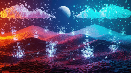 An imaginative digital composition showcases a vibrant landscape with undulating hills. Rendered with a blend of fiery reds and cool blues, the scene is populated by floating cloud formations and shimmering data clusters. This artwork may be suitable for illustrating themes related to technology, innovation, or conceptual digital environments. The overall lighting suggests a nighttime setting.の素材