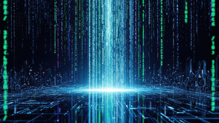 An artistic depiction presents data streams visualized as glowing blue lines emanating from a central light source. The composition showcases binary code elements against a dark background, suggesting a technological or digital environment. The style evokes modern computer graphics suitable for illustrating concepts of information or technology.の素材