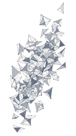 A digital rendering presents an abstract composition of interconnected three-dimensional shapes. The artwork showcases a network of forms in varying shades of gray and white, creating a sense of depth and connection. This image could be suitable for use in design, technology, or scientific illustrations.の素材