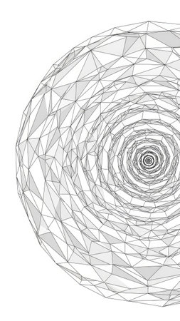 An abstract digital illustration showcases a sphere constructed from a web of interconnected triangles, creating a spiral effect. The image features a grayscale palette, with a detailed wireframe design set against a stark white backdrop. Suitable for various design projects, this graphic may be used for marketing, technology, or scientific concepts.の素材