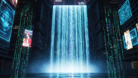 This image depicts a luminous blue waterfall, appearing within a futuristic architectural setting. Vertical streams of light cascade downwards. The composition presents a technologically advanced interior, with digital displays and ambient lighting. Suitable for digital art, design projects, and visual concepts, it could be used in various commercial applications.の素材