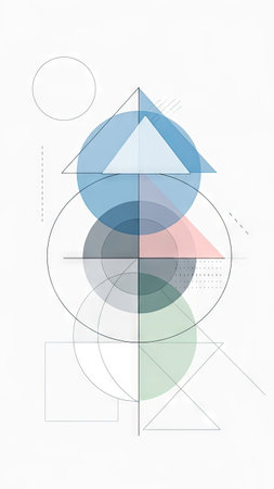 This abstract artwork features a vertical arrangement of geometric shapes, including circles, triangles, and a square. The composition employs a palette of pastel colors, with overlapping elements creating visual depth and complexity. The overall aesthetic is minimalist, suggesting a contemporary context for design or editorial applications.の素材