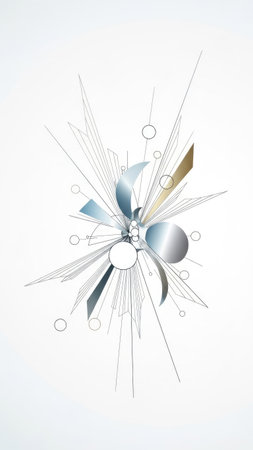 An abstract composition features an arrangement of geometric shapes and lines. Metallic silver and gold elements interact with lines and circles, creating a dynamic visual effect. The image uses a clean, bright aesthetic with ample copy space, suitable for a range of commercial applications.の素材