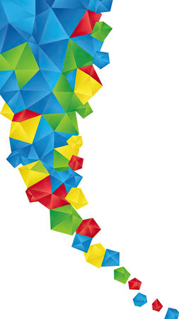 This image features a vibrant abstract design with numerous geometric shapes in various colors. The composition includes red, blue, green, and yellow polygonal forms. The arrangement creates a dynamic visual effect against a clean white backdrop. Suitable for a range of commercial applications, the design offers a modern and eye-catching aesthetic.の素材