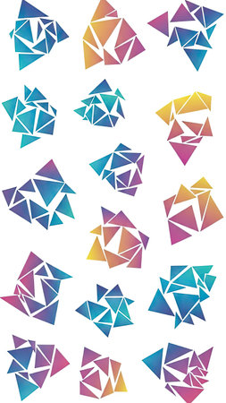 This image presents various abstract compositions formed by colorful triangles. The geometric designs showcase gradients across multiple shapes, featuring a palette of blues, purples, and yellows against a white background. These graphics offer potential use in digital art, design projects, and visual communication materials.の素材