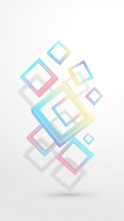 Floating geometric shapes in various sizes and angles are arranged against a simple white backdrop. The shapes exhibit a gradient color scheme, featuring transitions from pink to blue and yellow, creating a vibrant visual impact. The overall style suggests a modern design, potentially suitable for digital art or commercial applications.の素材