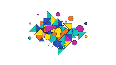 An abstract composition features a collection of geometric shapes in various colors against a white backdrop. Triangles, circles, and other forms are arranged in a dynamic cluster, creating a visually engaging design. The vibrant color palette and modern aesthetic make this image suitable for diverse design applications and commercial projects.の素材