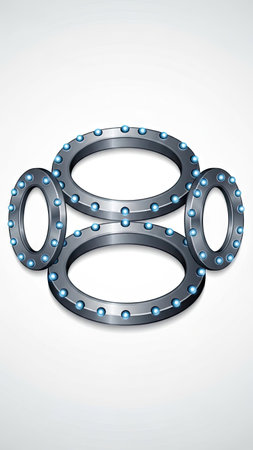 This illustration showcases four interconnected metallic rings, each featuring a series of small, glowing lights. The artwork utilizes a gradient shading technique to create a three-dimensional effect. The composition is set against a clean white backdrop. Suitable for various design applications, including technology, abstract concepts and futuristic themes.の素材