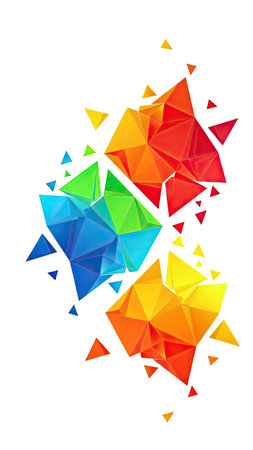 Dynamic composition featuring various colorful geometric shapes isolated against a white background. The image showcases a modern style with vibrant hues and a complex, textured appearance. This artwork is suitable for use in visual communication, branding, and design projects, ideal for a contemporary aesthetic.の素材