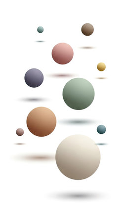 This illustration showcases multiple spheres in varying pastel colors, each casting a gentle shadow. The composition uses a minimalistic style with a clean, white background. It could be used for conceptual designs, digital art, or a range of creative projects. The image's simplicity lends itself well to various commercial applications.の素材