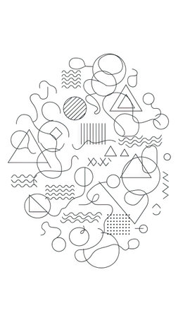 An abstract composition features a variety of geometric shapes including circles, triangles, and lines arranged in a dynamic fashion. The design utilizes a monochromatic palette with contrasting elements. This vector artwork is suitable for use in design projects, presentations, or as a background, offering a contemporary aesthetic.の素材