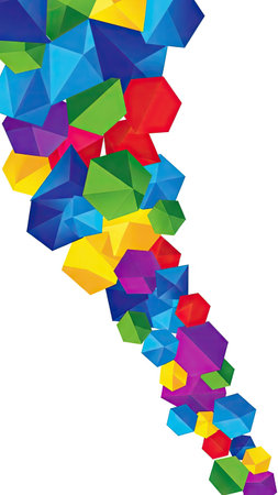 An illustration features a cascade of colorful, abstract geometric shapes against a stark white backdrop. The design employs a variety of vibrant hues and angular forms, creating a dynamic visual. It may be suitable for use in design projects, presentations, or various commercial applications requiring a modern aesthetic.の素材