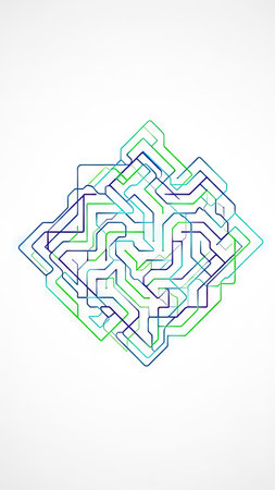 An abstract artwork features interconnected lines forming a complex geometric design. The artwork uses shades of blue and green against a clean white background. This digital art piece could be suitable for various design applications, offering a modern aesthetic, and potentially used in advertising or editorial design.の素材