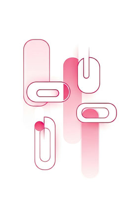 This image presents an arrangement of abstract geometric shapes in shades of pink against a clean white backdrop. The design employs a minimalist aesthetic with soft edges and gradients, creating a visually balanced composition. It could be used for various purposes such as website design, marketing materials, or editorial content.の素材