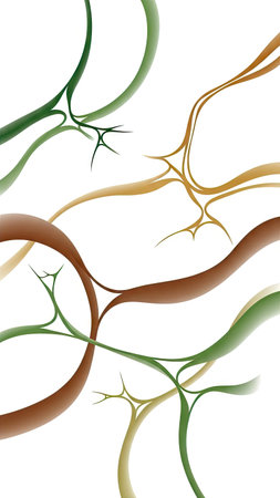 An abstract illustration presents various intertwining shapes and lines in shades of brown, green and yellow. The visual characteristics include soft, flowing lines with a white background providing a clean contrast. This could be useful in graphic design and digital art projects, adaptable for diverse commercial applications.の素材