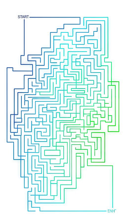 An abstract illustration presents a complex maze in a gradient of blue and green hues. The composition features a symmetrical structure with a clear start and end point. The image could be suitable for commercial applications related to problem-solving, puzzles, or illustrating concepts of complexity and challenge, set against a clean white background.の素材