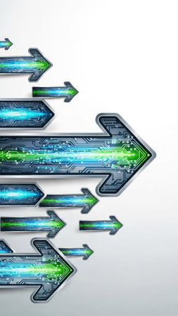 This graphic showcases several arrows with a tech-inspired aesthetic. The arrows feature a mix of green and blue hues and a circuit board texture. The composition utilizes a clean, white background, creating a sense of movement. Suitable for design, technology, or business-related projects.の素材