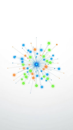 An abstract illustration shows a central blue point from which colorful lines and nodes radiate outward. The image features a bright, clean composition with gradients of blue, green, and orange against a white background. This visual could be utilized in various digital media and editorial contexts for a modern design.の素材