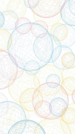 This abstract image features numerous translucent bubbles in various sizes and colors, including blue, yellow, and pink. The bubbles are superimposed against a light backdrop creating a sense of depth and dimension. Suitable for various applications, this image offers a visually appealing design for creative projects.の素材
