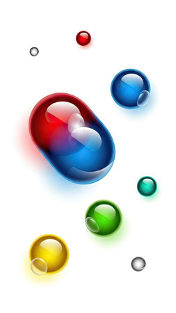 This image features a collection of vibrant, glossy water droplets in various colors. The droplets are rendered with a three-dimensional effect, creating highlights and shadows. The composition is clean with a white backdrop, suitable for a variety of creative and commercial applications.の素材